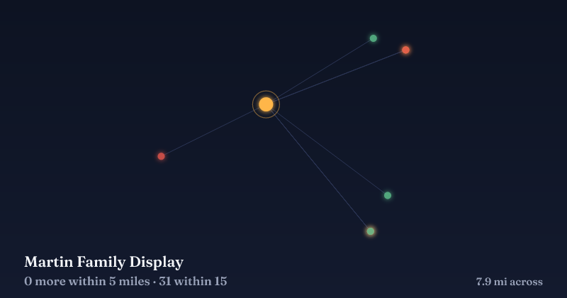 Map of Martin Family Display and the 31 other Christmas light displays within 15 miles