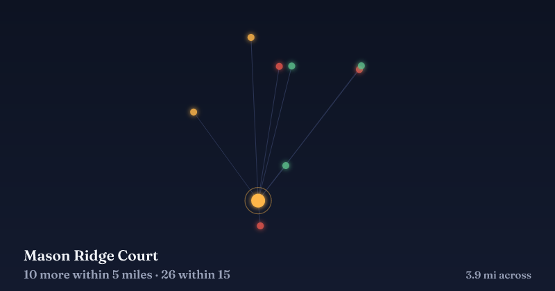 Map of Mason Ridge Court and the 26 other Christmas light displays within 15 miles