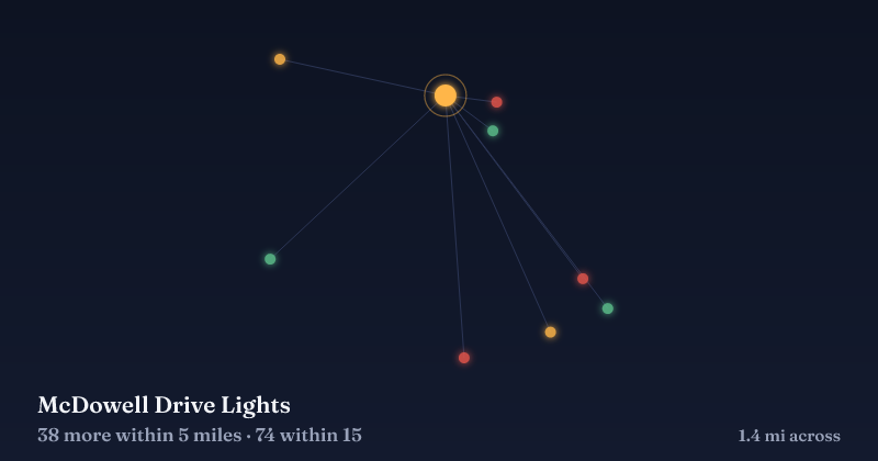 Map of McDowell Drive Lights and the 74 other Christmas light displays within 15 miles