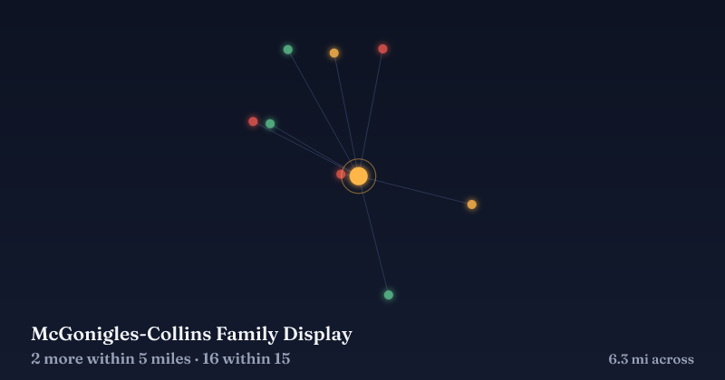 Map of McGonigles-Collins Family Display and the 16 other Christmas light displays within 15 miles