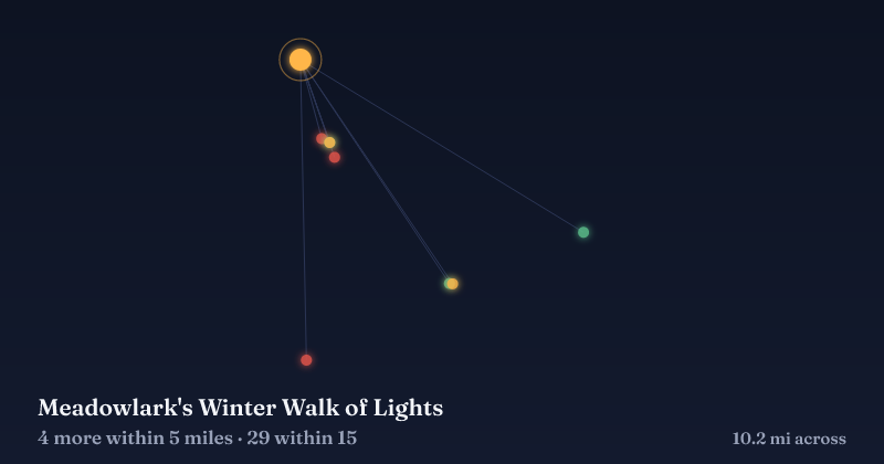 Map of Meadowlark's Winter Walk of Lights and the 29 other Christmas light displays within 15 miles
