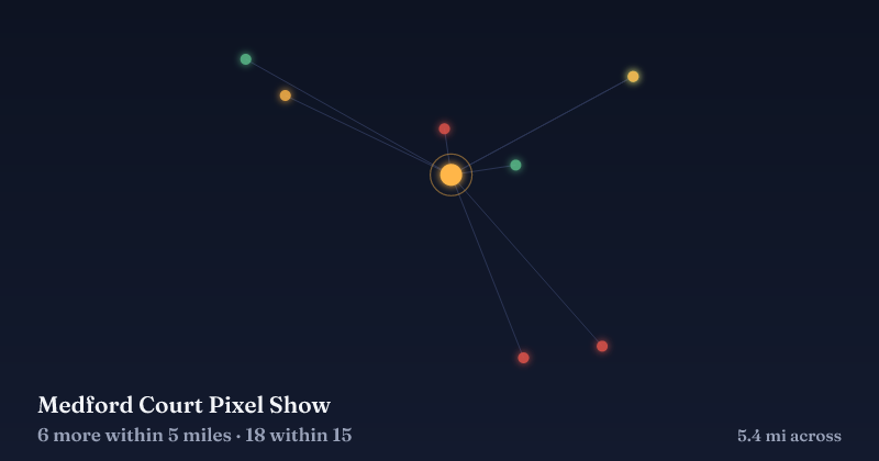 Map of Medford Court Pixel Show and the 18 other Christmas light displays within 15 miles