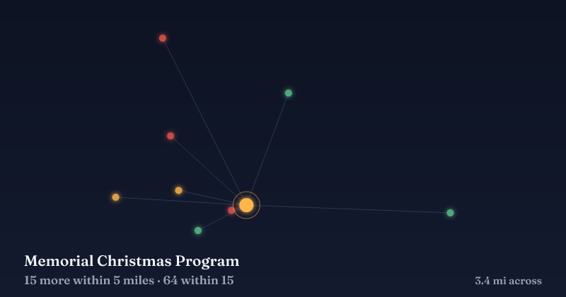 Map of Memorial Christmas Program and the 64 other Christmas light displays within 15 miles