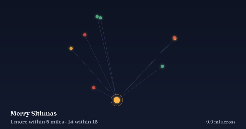 Map of Merry Sithmas and the 14 other Christmas light displays within 15 miles