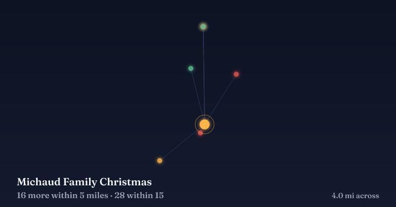 Map of Michaud Family Christmas and the 28 other Christmas light displays within 15 miles