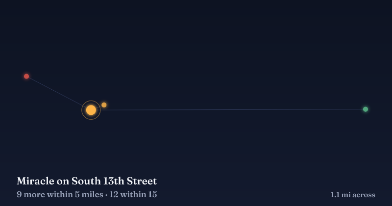 Map of Miracle on South 13th Street and the 12 other Christmas light displays within 15 miles
