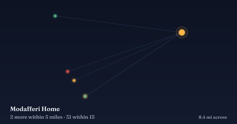 Map of Modafferi Home and the 31 other Christmas light displays within 15 miles
