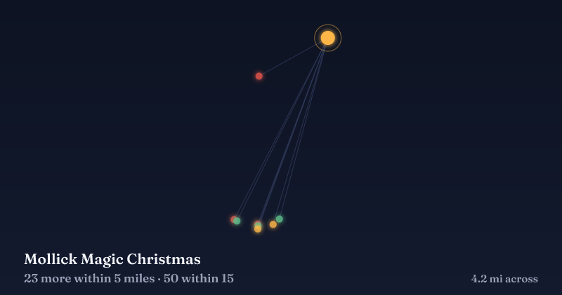 Map of Mollick Magic Christmas and the 50 other Christmas light displays within 15 miles