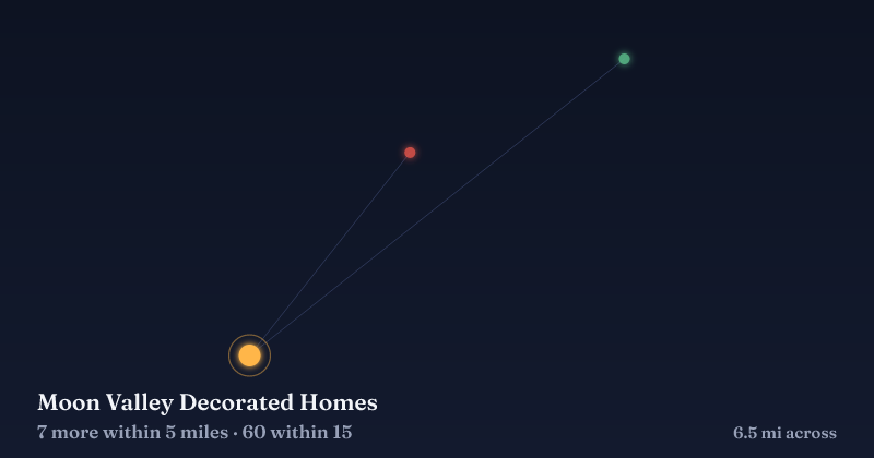 Map of Moon Valley Decorated Homes and the 60 other Christmas light displays within 15 miles