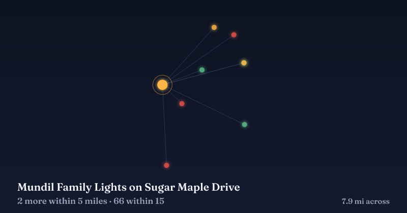 Map of Mundil Family Lights on Sugar Maple Drive and the 66 other Christmas light displays within 15 miles