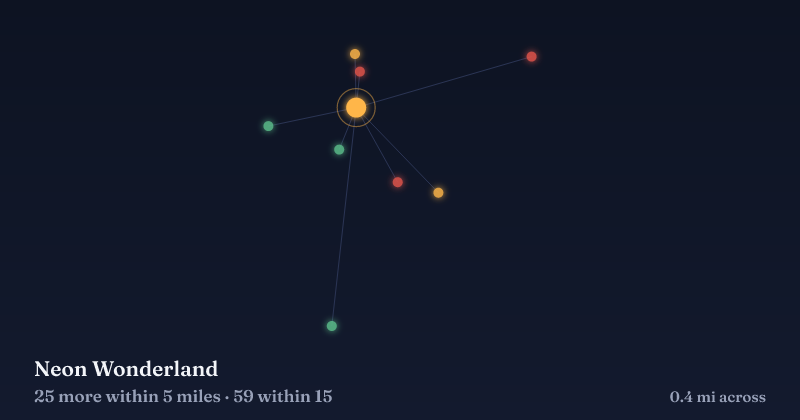 Map of Neon Wonderland and the 59 other Christmas light displays within 15 miles