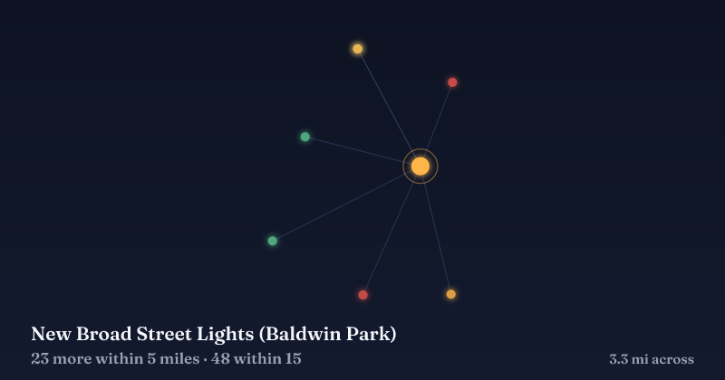Map of New Broad Street Lights (Baldwin Park) and the 48 other Christmas light displays within 15 miles