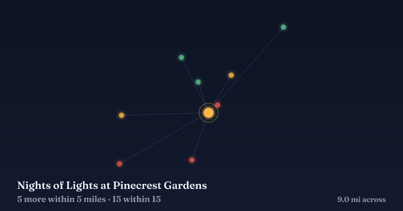 Map of Nights of Lights at Pinecrest Gardens and the 15 other Christmas light displays within 15 miles