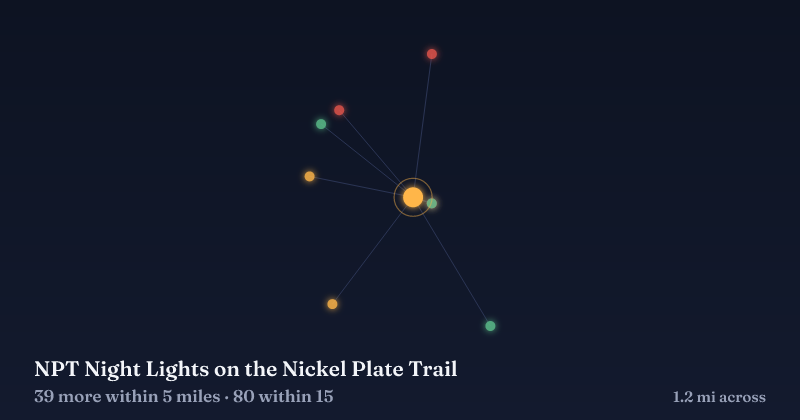 Map of NPT Night Lights on the Nickel Plate Trail and the 80 other Christmas light displays within 15 miles