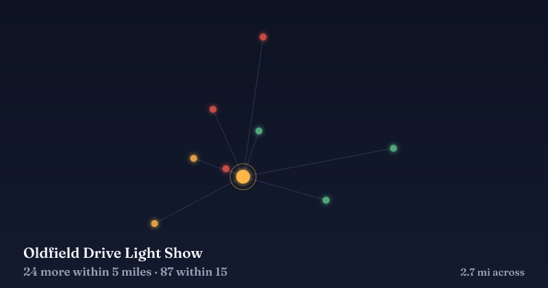 Map of Oldfield Drive Light Show and the 87 other Christmas light displays within 15 miles