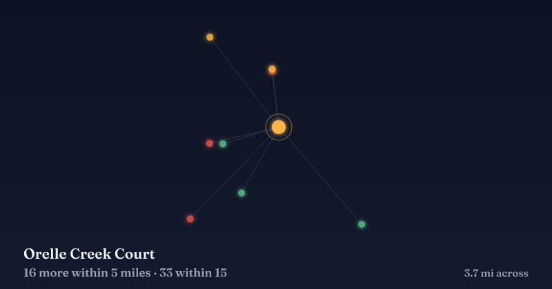 Map of Orelle Creek Court and the 33 other Christmas light displays within 15 miles