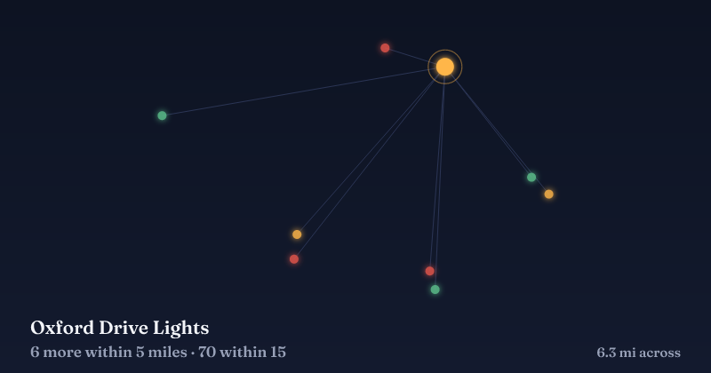 Map of Oxford Drive Lights and the 70 other Christmas light displays within 15 miles