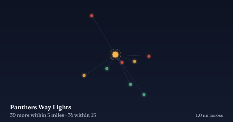 Map of Panthers Way Lights and the 74 other Christmas light displays within 15 miles