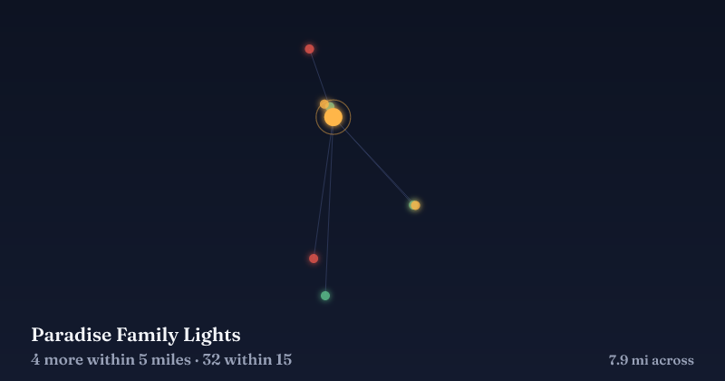 Map of Paradise Family Lights and the 32 other Christmas light displays within 15 miles