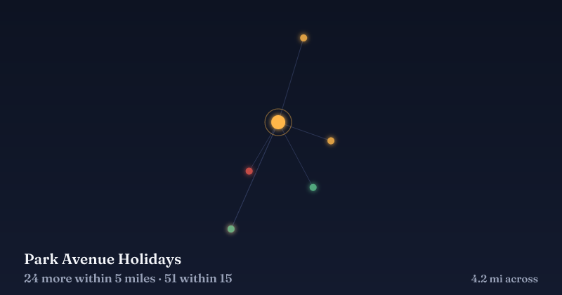 Map of Park Avenue Holidays and the 51 other Christmas light displays within 15 miles