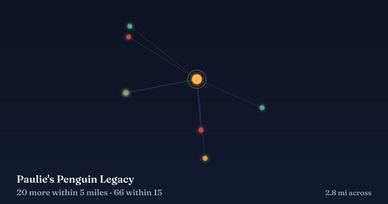 Map of Paulie's Penguin Legacy and the 66 other Christmas light displays within 15 miles