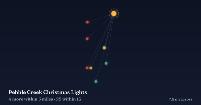 Map of Pebble Creek Christmas Lights and the 29 other Christmas light displays within 15 miles