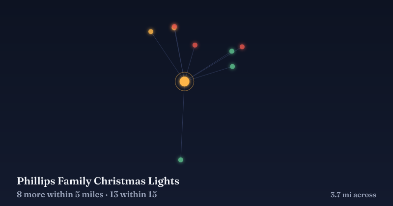 Map of Phillips Family Christmas Lights and the 13 other Christmas light displays within 15 miles