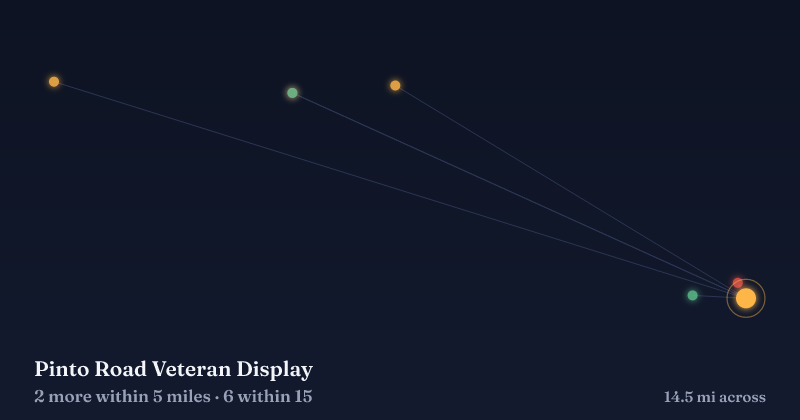 Map of Pinto Road Veteran Display and the 6 other Christmas light displays within 15 miles