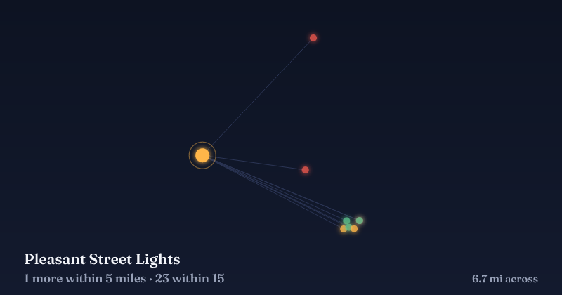Map of Pleasant Street Lights and the 23 other Christmas light displays within 15 miles