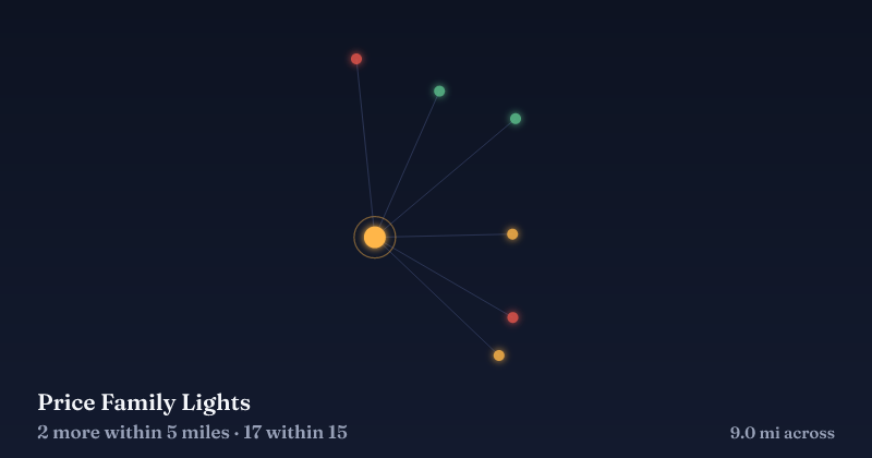 Map of Price Family Lights and the 17 other Christmas light displays within 15 miles