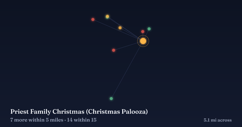 Map of Priest Family Christmas (Christmas Palooza) and the 14 other Christmas light displays within 15 miles