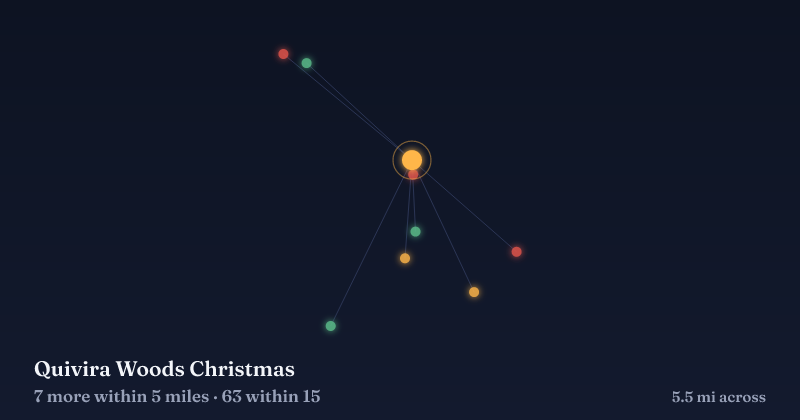 Map of Quivira Woods Christmas and the 63 other Christmas light displays within 15 miles
