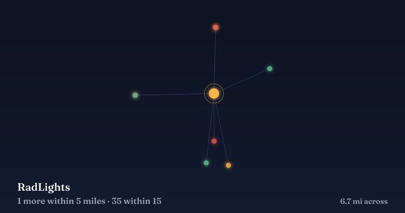Map of RadLights and the 35 other Christmas light displays within 15 miles