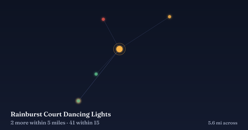 Map of Rainburst Court Dancing Lights and the 41 other Christmas light displays within 15 miles
