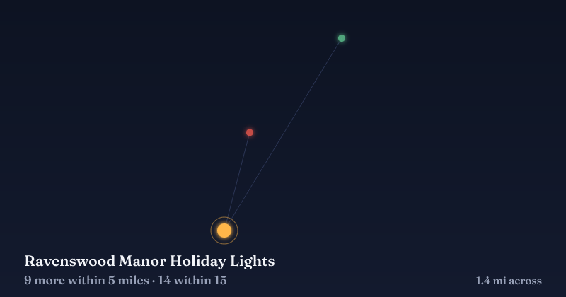Map of Ravenswood Manor Holiday Lights and the 14 other Christmas light displays within 15 miles