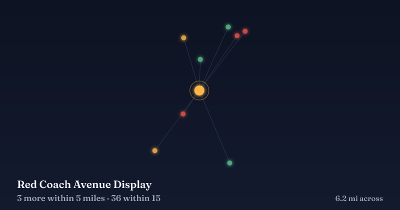 Map of Red Coach Avenue Display and the 36 other Christmas light displays within 15 miles