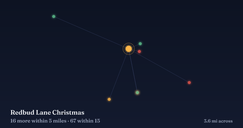 Map of Redbud Lane Christmas and the 67 other Christmas light displays within 15 miles