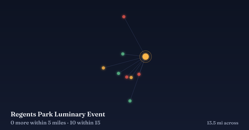 Map of Regents Park Luminary Event and the 10 other Christmas light displays within 15 miles