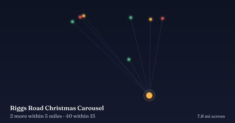 Map of Riggs Road Christmas Carousel and the 40 other Christmas light displays within 15 miles