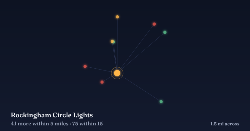 Map of Rockingham Circle Lights and the 75 other Christmas light displays within 15 miles