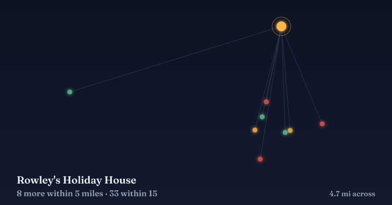 Map of Rowley's Holiday House and the 33 other Christmas light displays within 15 miles