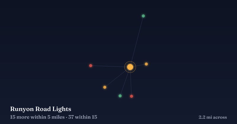 Map of Runyon Road Lights and the 37 other Christmas light displays within 15 miles