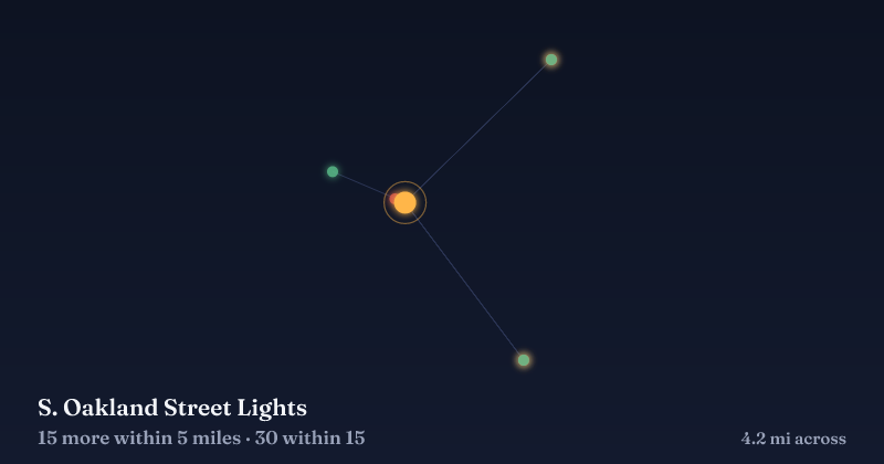 Map of S. Oakland Street Lights and the 30 other Christmas light displays within 15 miles