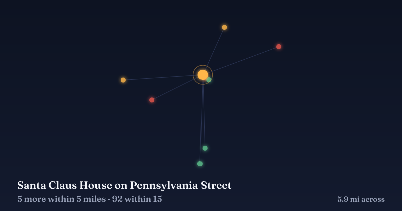 Map of Santa Claus House on Pennsylvania Street and the 92 other Christmas light displays within 15 miles