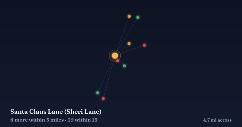 Map of Santa Claus Lane (Sheri Lane) and the 39 other Christmas light displays within 15 miles
