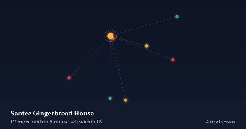 Map of Santee Gingerbread House and the 40 other Christmas light displays within 15 miles