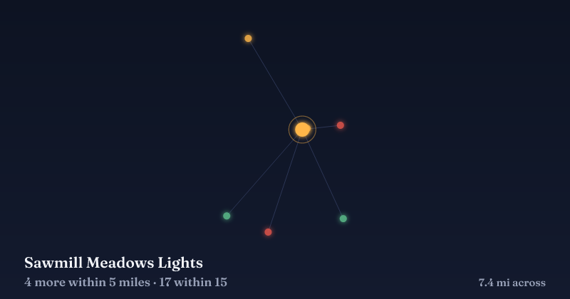 Map of Sawmill Meadows Lights and the 17 other Christmas light displays within 15 miles