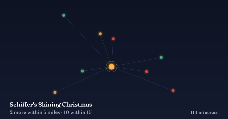 Map of Schiffer's Shining Christmas and the 10 other Christmas light displays within 15 miles