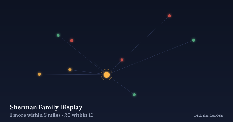 Map of Sherman Family Display and the 20 other Christmas light displays within 15 miles