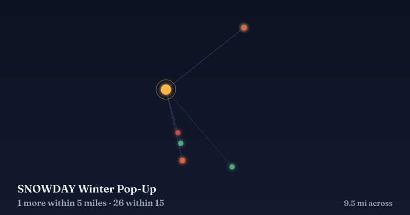 Map of SNOWDAY Winter Pop-Up and the 26 other Christmas light displays within 15 miles